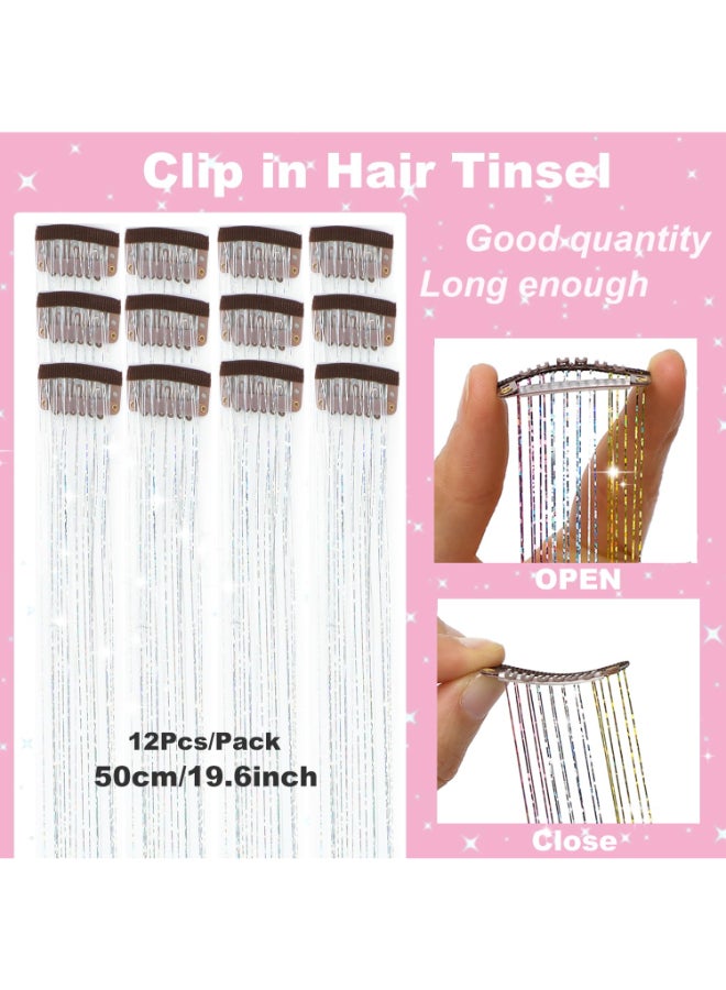 Ainitops Hair Tinsel Pack of 12 Pcs Clip in Hair Tinsel 196Inch Glitter Tinsel Hair Extensions Shiny Sparkly Fairy Hair Tinsel Kit Dazzle Hair Accessories for Women Girls Kids Silver - Image 4