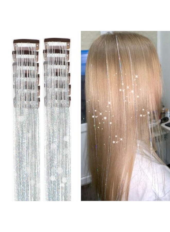 Ainitops Hair Tinsel Pack of 12 Pcs Clip in Hair Tinsel 196Inch Glitter Tinsel Hair Extensions Shiny Sparkly Fairy Hair Tinsel Kit Dazzle Hair Accessories for Women Girls Kids Silver - Image 1