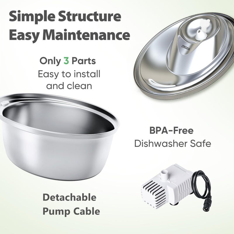 ORSDA Cat Water Fountain Stainless Steel, 3L Automatic Pet Drinking Fountain for Cats Inside, Dog Water Dispenser with Adjustable Water Flow and 6 Replacement Filters for Cats, Dogs - Image 5