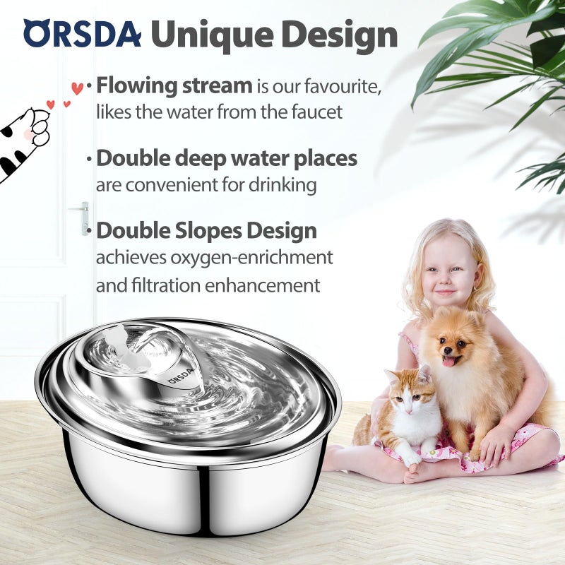 ORSDA Cat Water Fountain Stainless Steel, 3L Automatic Pet Drinking Fountain for Cats Inside, Dog Water Dispenser with Adjustable Water Flow and 6 Replacement Filters for Cats, Dogs - Image 2