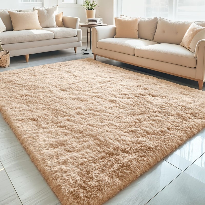 OLANLY 5x7 Machine Washable Large Area Rugs for Living Room, Bedroom, Soft Fluffy Shaggy Bedside Rug, Indoor Floor Carpet for Kids Girls and Boys, Dorms, Nursery, Home Decor Aesthetic, Beige - Image 1