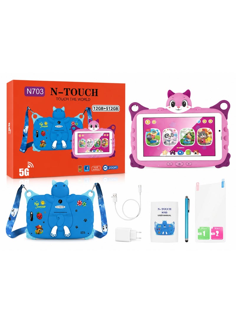 Touch N-TOUCH N703 Kids Tablet 7 Inch IPS Display | 12GB RAM + 512GB Storage | Android 15 | Dual SIM | WiFi | 5G | 4000mAh Battery | Pink Cat Shockproof Case - Image 1