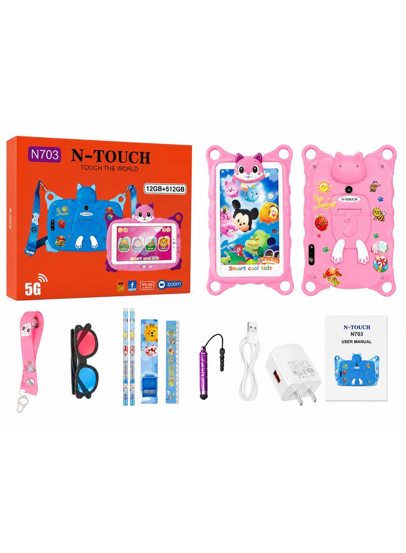 Touch N-TOUCH N703 Kids Tablet 7 Inch IPS Display | 12GB RAM + 512GB Storage | Android 15 | Dual SIM | WiFi | 5G | 4000mAh Battery | Pink Cat Shockproof Case - Image 3