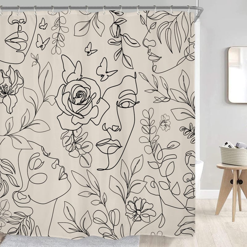Riyidecor Abstract Face Shower Curtain for Bathroom Decor 72Wx72H Black Lines Women Face Floral Butterfly Silhouette Aesthetic Minimalist Art Printed Fabric Polyester Waterproof 12 Pack Plastic Hooks