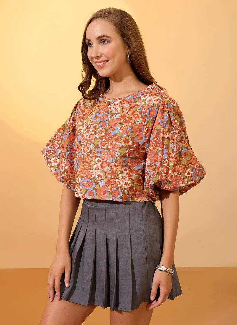 globus Globus Women Multi Round Neck Puff Sleeves Floral Print Top