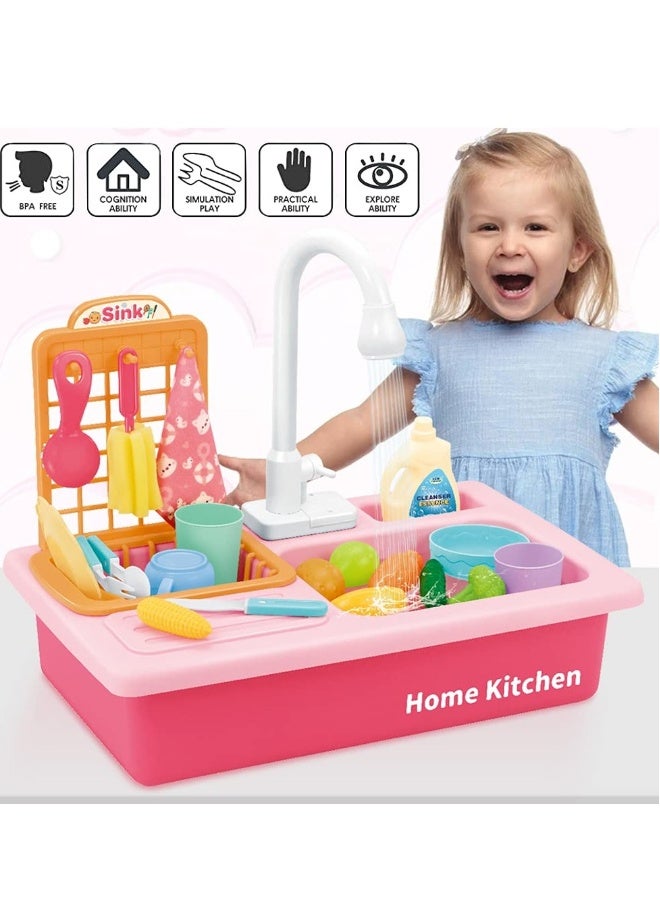 مجموعة لعبة حوض المطبخ، حوض لعبة مع ماء جارٍ غسالة كهربائية، أدوات مطبخ، لعبة تمثيل، مجموعة ملحقات المطبخ للعب التظاهر للأطفال الصغار والفتيات (وردي) - Image 5