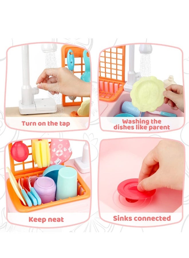 مجموعة لعبة حوض المطبخ، حوض لعبة مع ماء جارٍ غسالة كهربائية، أدوات مطبخ، لعبة تمثيل، مجموعة ملحقات المطبخ للعب التظاهر للأطفال الصغار والفتيات (وردي) - Image 4