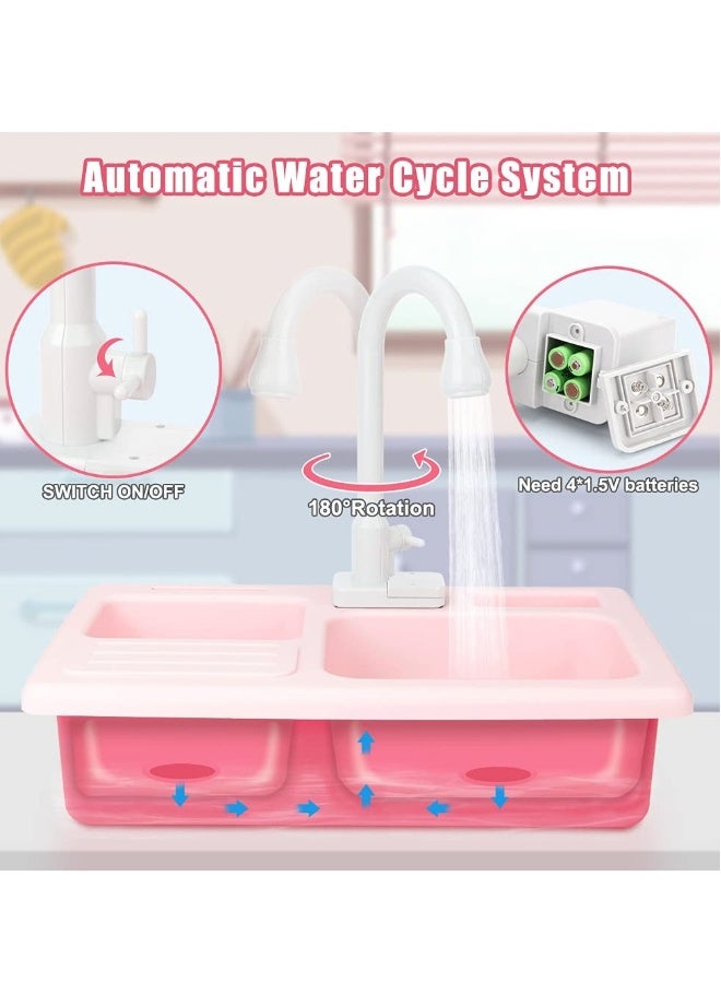 مجموعة لعبة حوض المطبخ، حوض لعبة مع ماء جارٍ غسالة كهربائية، أدوات مطبخ، لعبة تمثيل، مجموعة ملحقات المطبخ للعب التظاهر للأطفال الصغار والفتيات (وردي) - Image 2