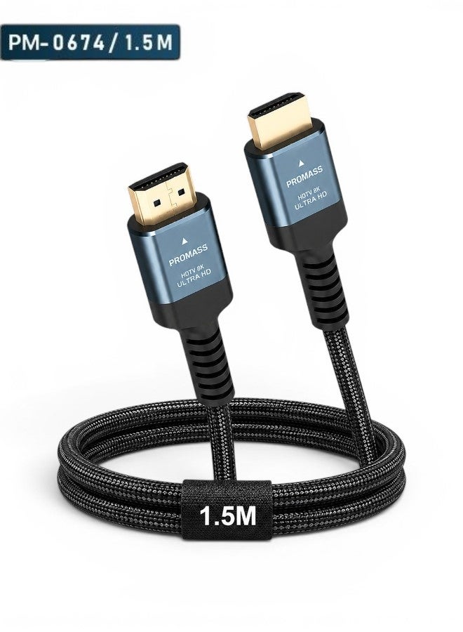 PROMASS Ultra-High-Speed ​​48Gbps HDMI Cable (1.5 Meters) – Supports 8K, HDR10+, HDR, and 4K; compatible with PC, laptop, TV, PlayStation 5, Xbox Series X, and projectors. Features 8K 60Hz, eARC, Netflix, HDCP 2.3/2.2, and HDR10+ support. - Image 1