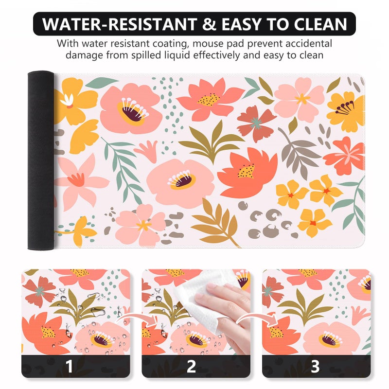 iCasso Desk Matt for Desktop, Cute Desk Pad Mat, XXL Large Mouse Pad, Anti-Slip Big Mousepad with Stitched Edges, Keyboard Pad Mouse Mat for Computer, Work, Gaming (Flowers Leaves) - Image 2