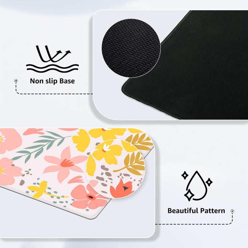 iCasso Desk Matt for Desktop, Cute Desk Pad Mat, XXL Large Mouse Pad, Anti-Slip Big Mousepad with Stitched Edges, Keyboard Pad Mouse Mat for Computer, Work, Gaming (Flowers Leaves) - Image 4