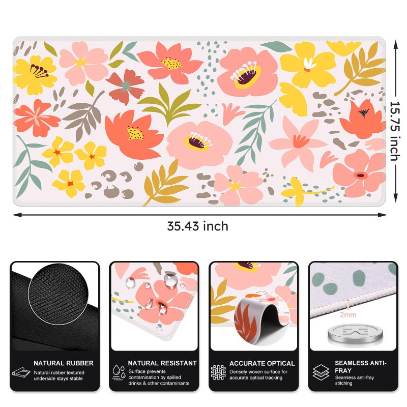 iCasso Desk Matt for Desktop, Cute Desk Pad Mat, XXL Large Mouse Pad, Anti-Slip Big Mousepad with Stitched Edges, Keyboard Pad Mouse Mat for Computer, Work, Gaming (Flowers Leaves) - Image 3