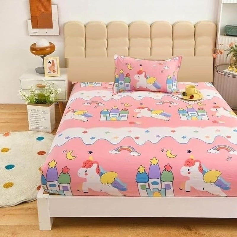 Innovative Edge Glace Cotton Cartoon Printed Elastic Fitted Single Bedsheet for Kids with 1 Pillow Cover Size 48x72 Pink Unicorn - Image 1