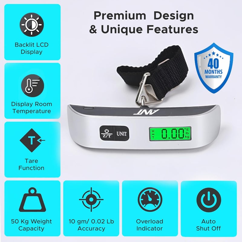 Ant ميزان أمتعة رقمي محمول سيغما 10 50كجم/10جم – شاشة LCD مع إضاءة خلفية خضراء وتنبيهات البطارية المنخفضة والحمولة الزائدة، مفتاح كجم/رطل، بطارية CR2032 – أداة وزن الأمتعة للسفر - Image 2