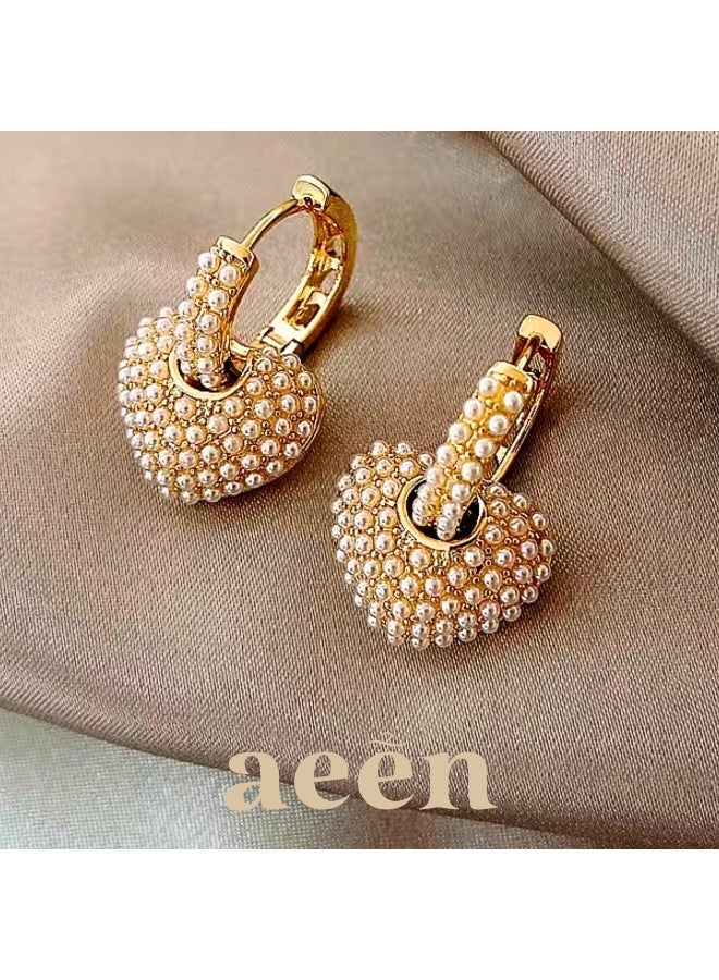 aeen Elegant Gold Heart 18K Gold Plated-Shaped Pearl Earrings for Women – Cute Imitation Pearl Hoop Design, Perfect for Parties, Gifts & Daily Wear - Image 1