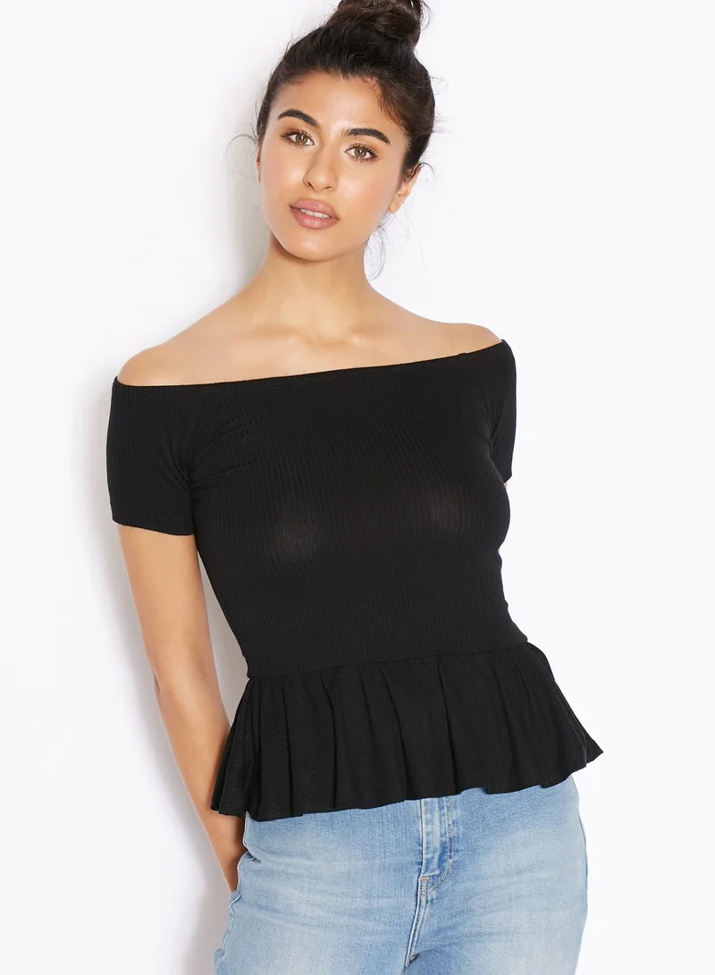 Miss Selfridge Ribbed Bardot Peplum Top
