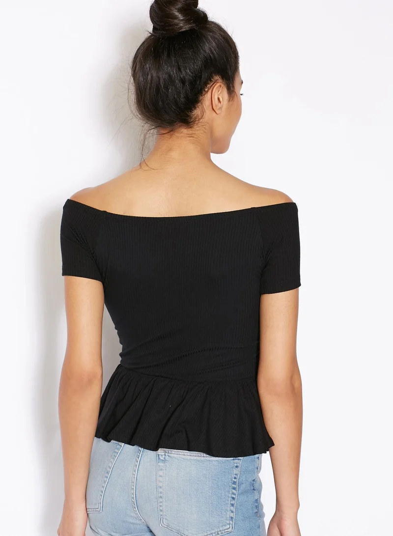 Miss Selfridge Ribbed Bardot Peplum Top