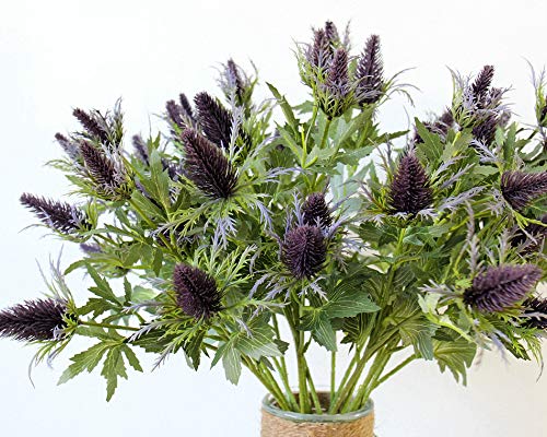 LebriTamFa Artificial Flowers Artificial Thistle Spray Eryngo Fake Eryngium Foetidum Simulation Sea Holly for Wedding Bouquet Centerpiece Home Decor Purple Gray 3