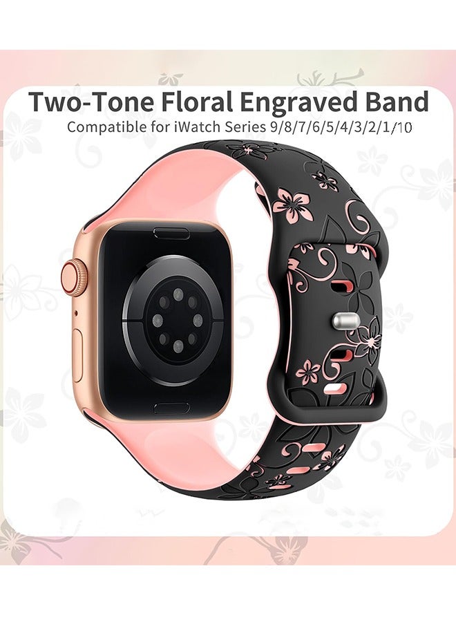 Apple Watch Strap, Floral Engraved Bands Compatible with Apple Watch Band 41mm 40mm 44mm 45mm 42mm 38mm 49mm 46mm for Women,Cute Flower iWatch Bands Soft Silicone Sport Strap for iWatch Series SE 10 9 8 7 6 5 4 3 Ultra - Image 2