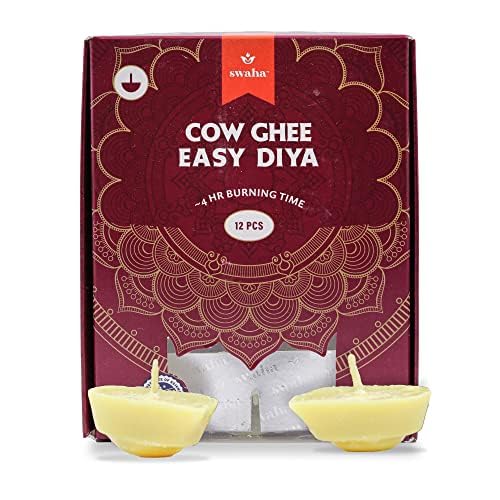 Swaha Premium Cow Ghee Diya Wicks (12 Pieces), 4hr Burning Time, Wax Free Cow ghee Diya for puja - Pack of 1 - Image 1