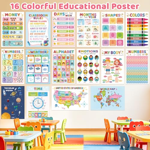 FloraSea 16 Educational Posters for Toddlers 1-3, Laminated Classroom Learning Posters for Kids 3-5, Kindergarten Preschool Homeschool Essentials Alphabet Number Chart Classroom Wall Decor - Image 4