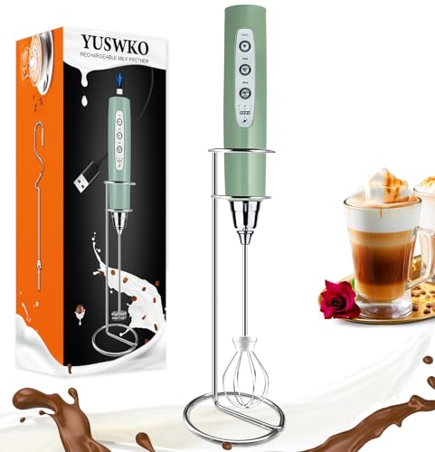 YUSWKO Granite Rechargeable Milk Frother for Coffee with Stand, Handheld Drink Mixer with 3 Heads 3 Speeds Electric Stirrers for Latte, Cappuccino, Hot Chocolate, Egg - Image 1