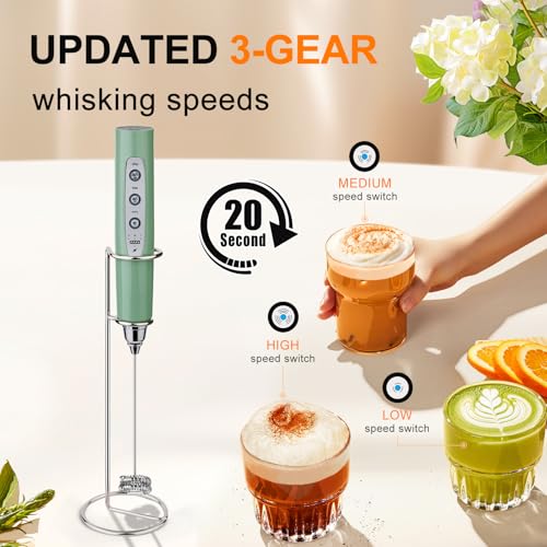 YUSWKO Granite Rechargeable Milk Frother for Coffee with Stand, Handheld Drink Mixer with 3 Heads 3 Speeds Electric Stirrers for Latte, Cappuccino, Hot Chocolate, Egg - Image 3