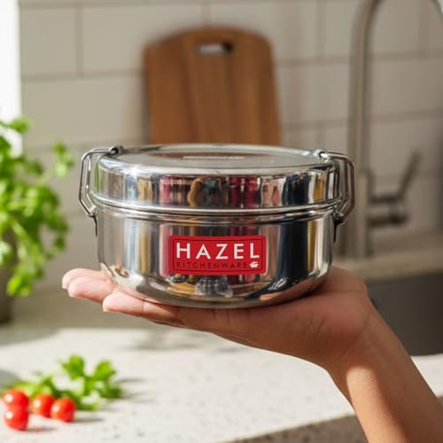 HAZEL Steel Tiffin Box for Office | 500 ml Stainless Steel Lunch Box with Inner Plate | Traditional Glossy Finish Steel Dabba | Compact Leak-Resistant Box - Image 2