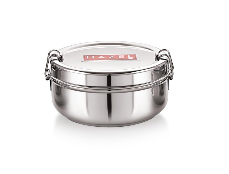 HAZEL Steel Tiffin Box for Office | 500 ml Stainless Steel Lunch Box with Inner Plate | Traditional Glossy Finish Steel Dabba | Compact Leak-Resistant Box - Image 1