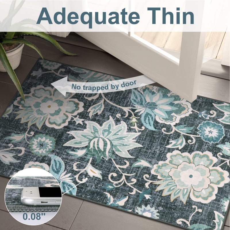 Beeiva Floral 2x5 Rug Runners for Hallways, Ultra Thin Blue Kitchen Runner Rug Washable, Vintage Plant Non-Shedding Bathroom Non-Slip Hallway Carpet for Entryway Bedroom Kitchen - Image 2
