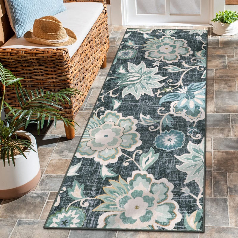Beeiva Floral 2x5 Rug Runners for Hallways, Ultra Thin Blue Kitchen Runner Rug Washable, Vintage Plant Non-Shedding Bathroom Non-Slip Hallway Carpet for Entryway Bedroom Kitchen - Image 1