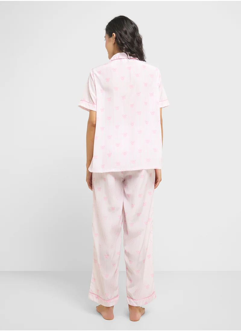 جينجر Bow Print Shirt & Pyjama  Set