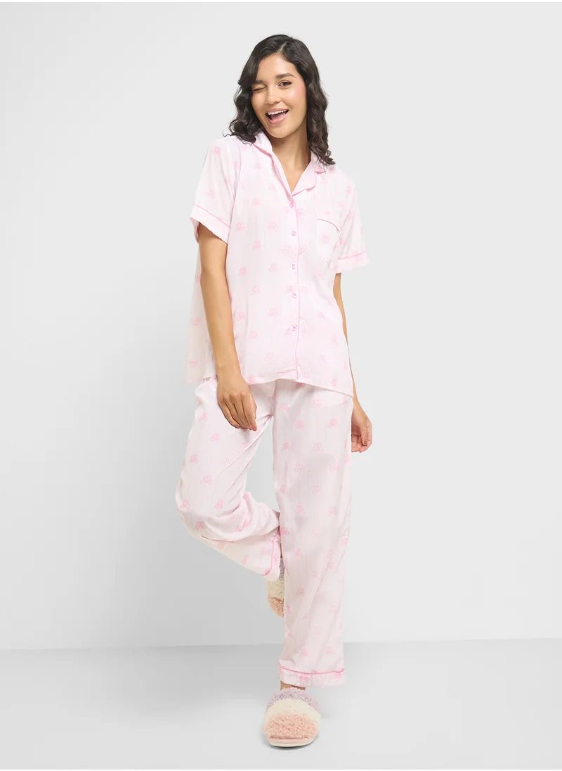 جينجر Bow Print Shirt & Pyjama  Set