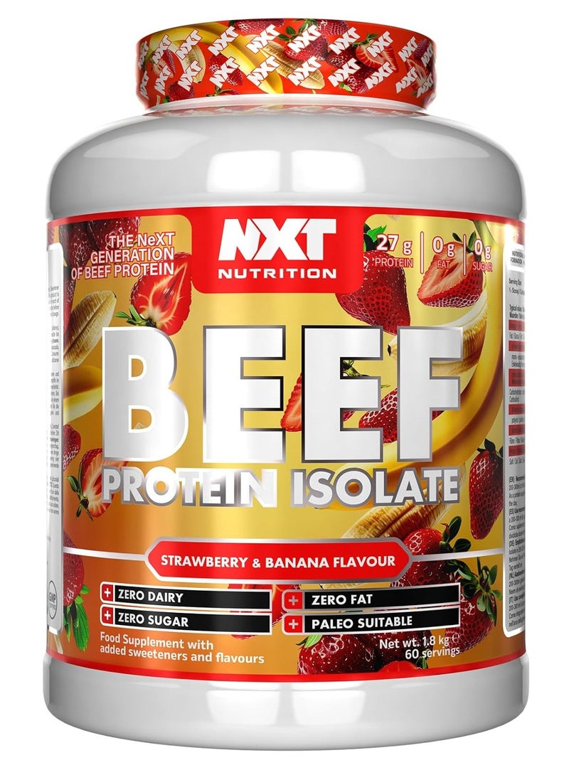 NXT Nutrition Beef Protein Isolate Strawberry & Banana Flavour 1.8kg | 27g Protein Per Serving | Zero Dairy, Zero Sugar, Zero Fat | 60 Servings | Paleo Friendly - Image 1