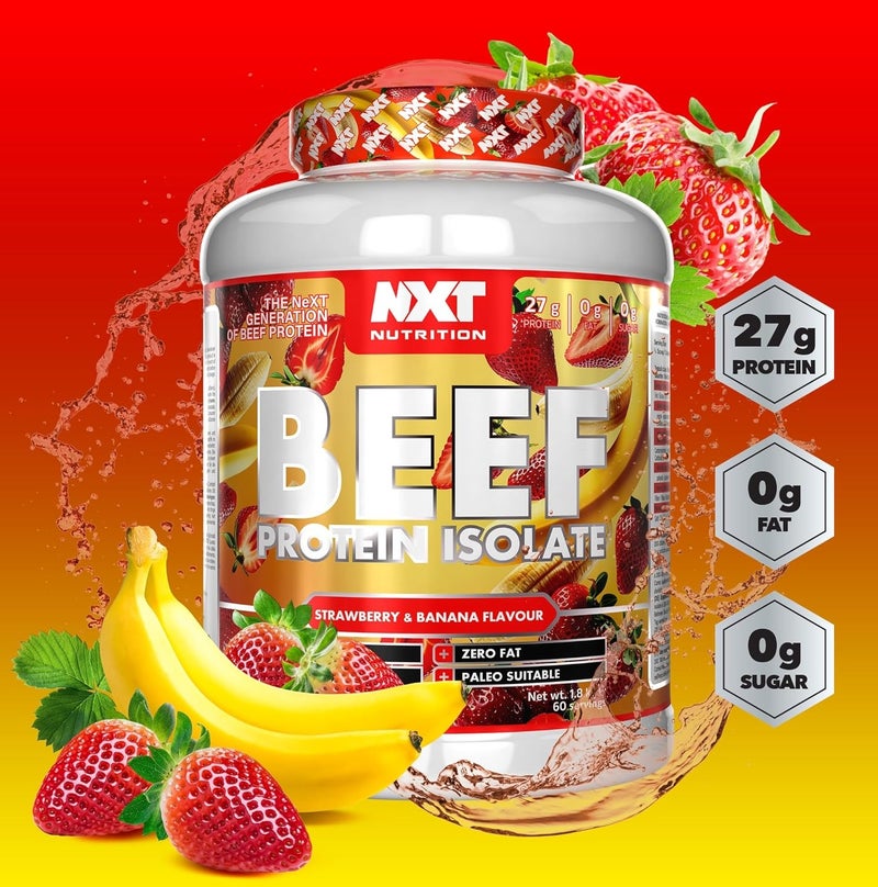 NXT Nutrition Beef Protein Isolate Strawberry & Banana Flavour 1.8kg | 27g Protein Per Serving | Zero Dairy, Zero Sugar, Zero Fat | 60 Servings | Paleo Friendly - Image 2