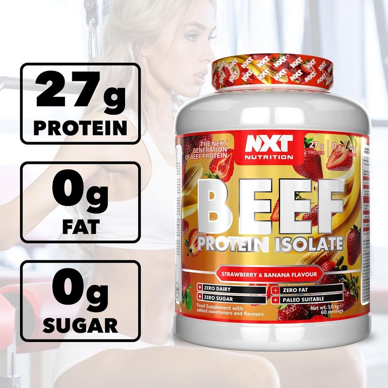NXT Nutrition Beef Protein Isolate Strawberry & Banana Flavour 1.8kg | 27g Protein Per Serving | Zero Dairy, Zero Sugar, Zero Fat | 60 Servings | Paleo Friendly - Image 3