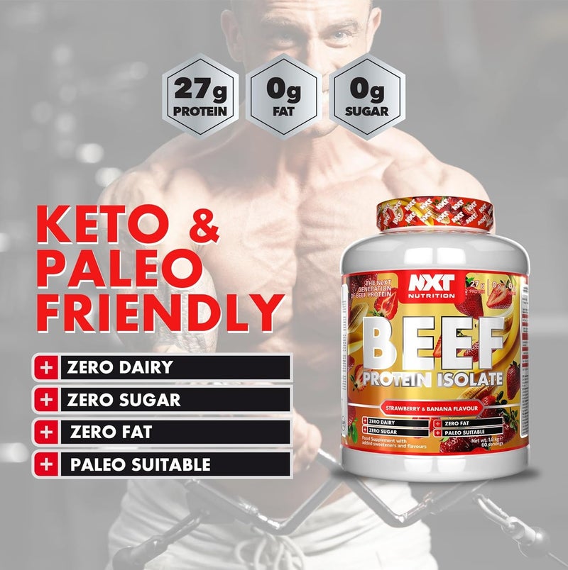 NXT Nutrition Beef Protein Isolate Strawberry & Banana Flavour 1.8kg | 27g Protein Per Serving | Zero Dairy, Zero Sugar, Zero Fat | 60 Servings | Paleo Friendly - Image 4