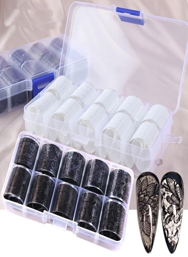 HYWWPFLAY 2 Boxes 20 Rolls White&Black Lace Nail Foil Sheets Holographic Nail Art Foil Transfer Foils for Nails Lace Nail Stickers Decals Nails Designs Manicure Film Decorations - Image 1