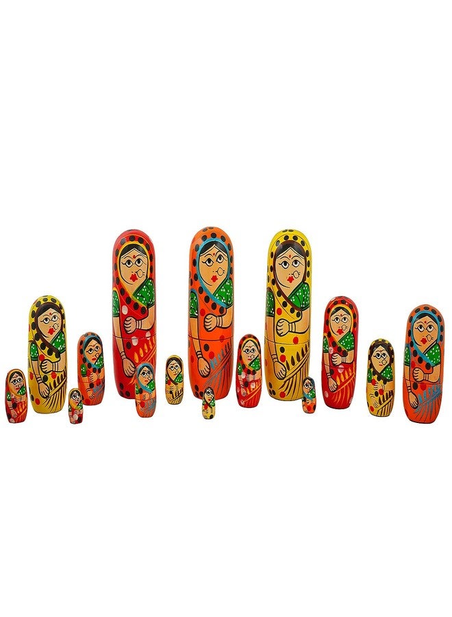 Toolart Fine Craft India Set Of 15 Pcs Hand Painted Cute Wooden Indian Lady Matryoshka Stacking Nested Wood Dolls Dimensions (Lbh): 6 X 1.5 X 6 Inch Weight-480 Grams - Image 1