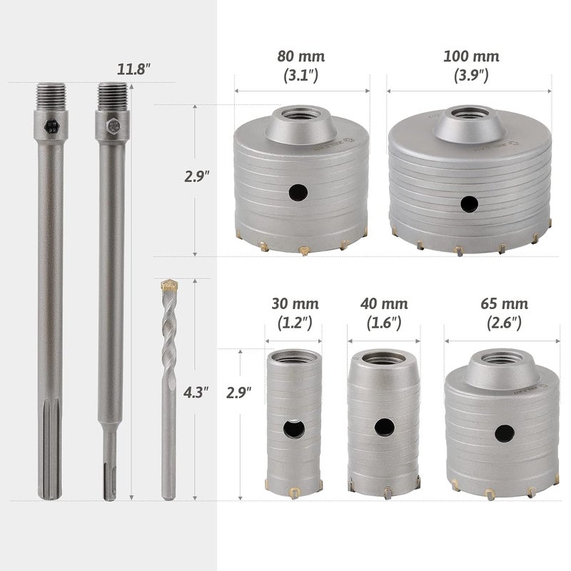 ZELCAN Hole Saw Kit for SDS Plus and Max Hammer Drills 30 40 65 80 100 mm Masonry Drill Bit Set with SDS Shanks Hole Saw Tool Set for AC Exhaust Tubing Water Pipe Drilling Brick Cement Stone Wall More - Image 2