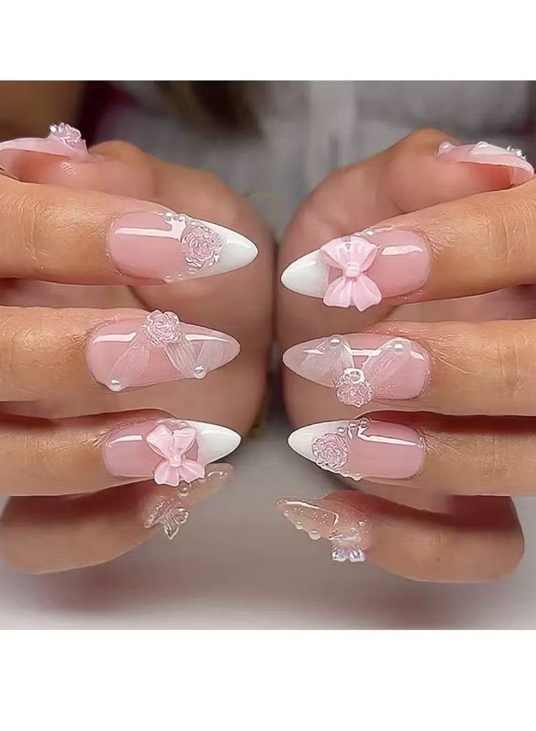 Gecomo Press On Nails 24pcs, Luxurious French White Wearable Nails Featuring a Three-Dimensional Bow And Camellia Nail Art Design, Accented With Exquisite Pearls And Ribbons. Fake Acrylic Nails With Glue Kit. - Image 1