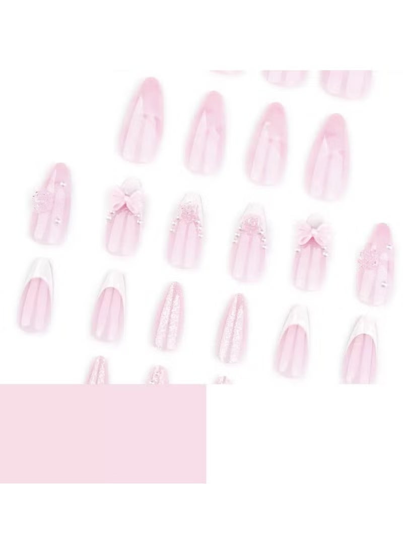 Gecomo Press On Nails 24pcs, Luxurious French White Wearable Nails Featuring a Three-Dimensional Bow And Camellia Nail Art Design, Accented With Exquisite Pearls And Ribbons. Fake Acrylic Nails With Glue Kit. - Image 2