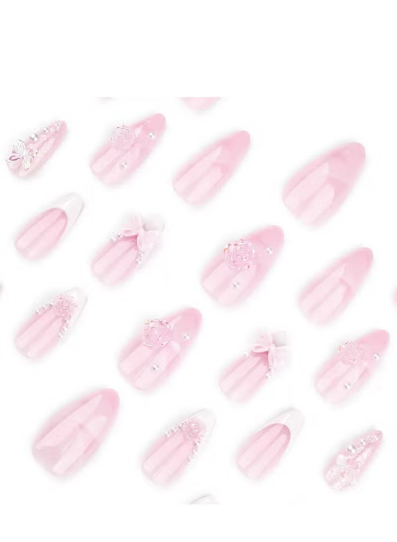 Gecomo Press On Nails 24pcs, Luxurious French White Wearable Nails Featuring a Three-Dimensional Bow And Camellia Nail Art Design, Accented With Exquisite Pearls And Ribbons. Fake Acrylic Nails With Glue Kit. - Image 3
