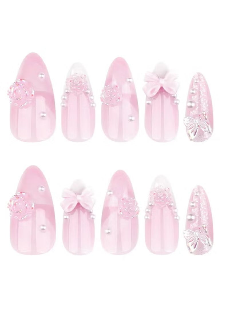 Gecomo Press On Nails 24pcs, Luxurious French White Wearable Nails Featuring a Three-Dimensional Bow And Camellia Nail Art Design, Accented With Exquisite Pearls And Ribbons. Fake Acrylic Nails With Glue Kit. - Image 5