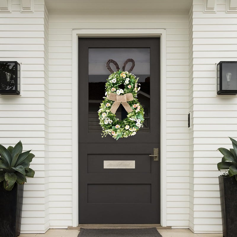 Sggvecsy 24 Inch Easter Bunny Wreath Spring Bunny Shaped Artificial Flower with Greenery Colorful Daisies Bow Knot for Front Door Summer Farmhouse Holiday Wall Home Window Decor - Image 2