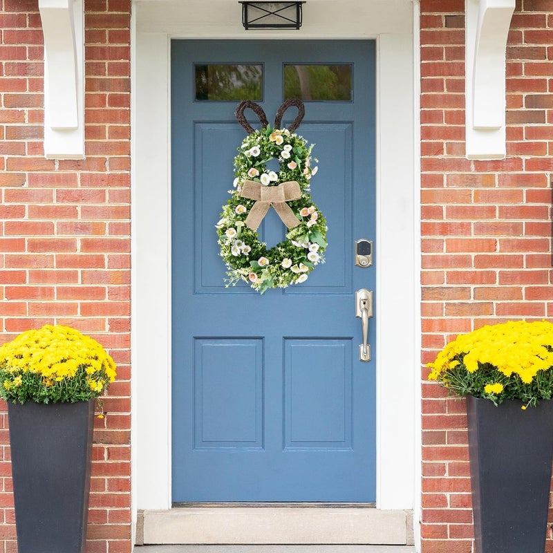 Sggvecsy 24 Inch Easter Bunny Wreath Spring Bunny Shaped Artificial Flower with Greenery Colorful Daisies Bow Knot for Front Door Summer Farmhouse Holiday Wall Home Window Decor - Image 3