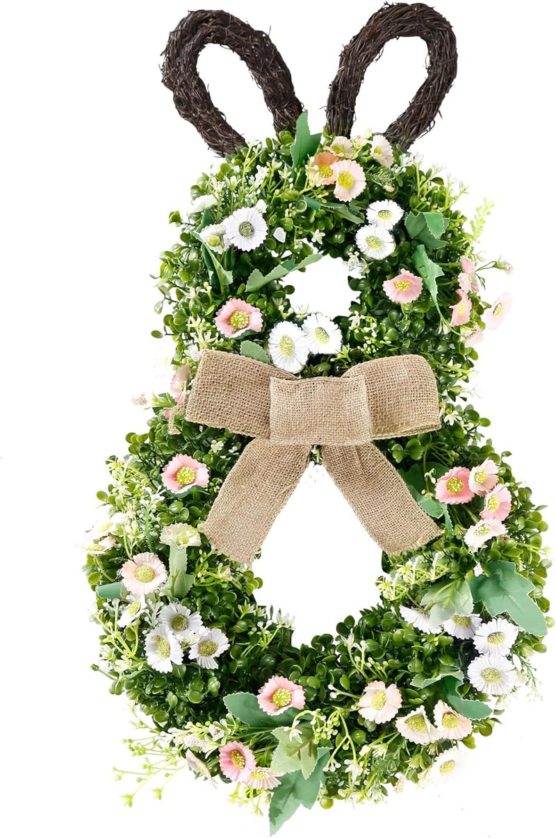 Sggvecsy 24 Inch Easter Bunny Wreath Spring Bunny Shaped Artificial Flower with Greenery Colorful Daisies Bow Knot for Front Door Summer Farmhouse Holiday Wall Home Window Decor - Image 1