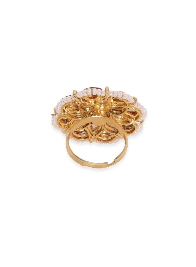 Rubans 22K Gold-Plated Handcrafted Kundan, Ruby Pink & Emerald Green Stone Studded Pearl Beaded Adjustable Finger Ring for Women & Girls – Perfect for Weddings & Festivals - Image 2