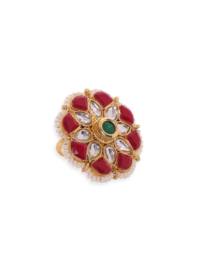 Rubans 22K Gold-Plated Handcrafted Kundan, Ruby Pink & Emerald Green Stone Studded Pearl Beaded Adjustable Finger Ring for Women & Girls – Perfect for Weddings & Festivals - Image 1