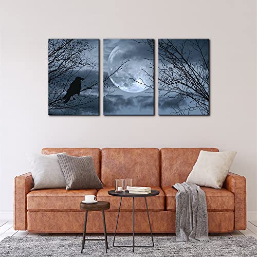 Pacimo 3 Pieces Canvas Art Wall Decor Full Moon Halloween Pictures Black and White Wall Art Painting Prints on Canvas Modern Artwork Stretched and Framed Ready to Hang - 16"x24"x3 Panel - Image 3